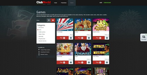 Sélection de jeux au Club World Casino